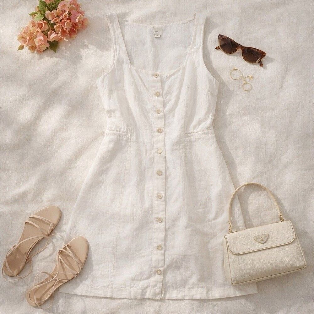 White Linen Blend Dress Cooling Material Mini Lagenlook Sleeveless Coastal Small